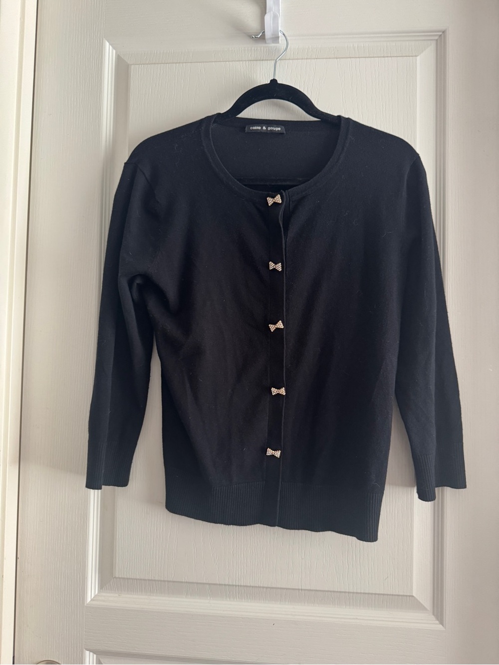 Cable & Gauge Black Bow-Button Crewneck Cardigan